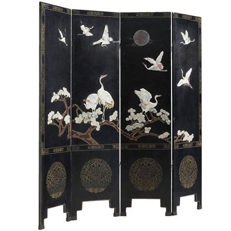 Japonism Room Divider With Cranes And Blossom 1960s Room Divider