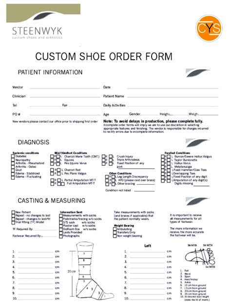 Fillable Online Custom Shoe Order Form Steenwyk Fax Email Print
