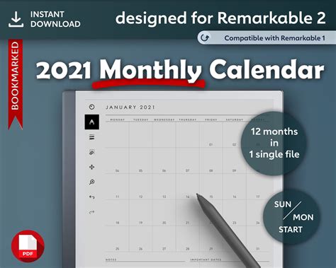 Remarkable 2 Templates L Monthly Calendar L 2021 L Instant Etsy