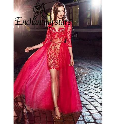 Two Piece Red Lace Prom Dresses 2017 Summer Detachable Skirts