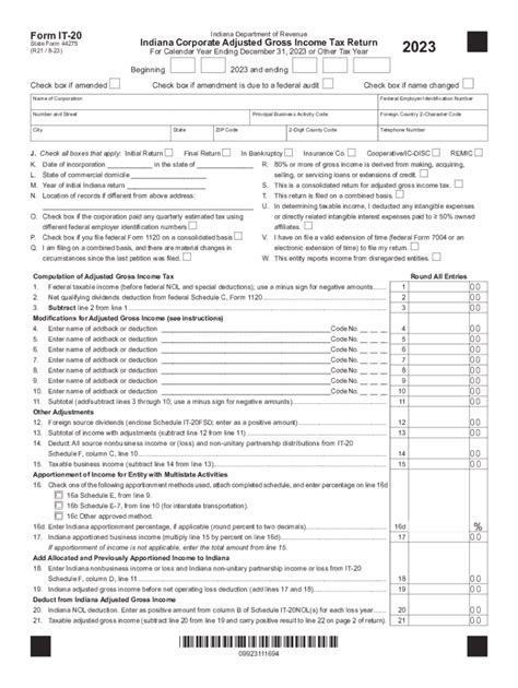 Indiana Form It 20 Corporate Adjusted Gross Income Tax Fill Out And