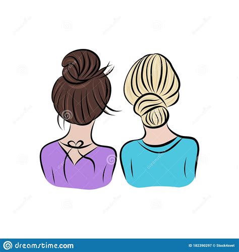 Vector Line Art Illustration Girls Two Friends Together Back View My