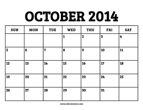 Calendar October 2014 Printable Old Calendars