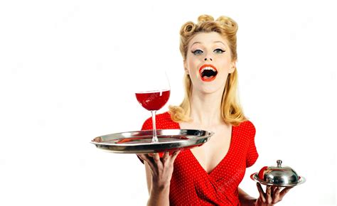 Premium Photo Woman With Red Wine Alcohol Presentation Pin Up Waiter With Wine And Service