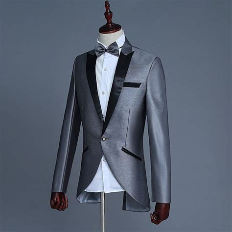 Black And Grey Piece Lapel Gentleman Tuxedo Men S Groom Wedding Suit Stage Singer Performance