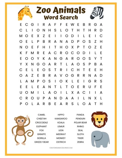 Zoo Animals Word Search Free Printable