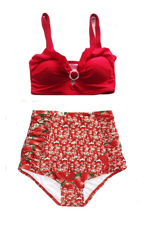 red top and strawberry fruit ruched vintage retro high waist waisted pin up bottom swimsuit