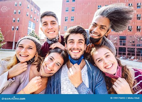 Multiracial Friends Taking Selfie With Opened Face Mask At College Campus Happy Friendship