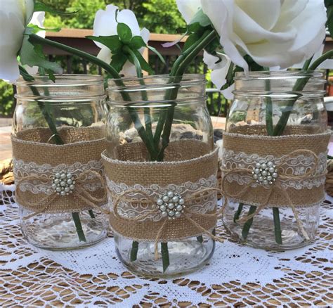 10 Burlap and Lace Mason Jars Quart Wraps, Wedding Centerpiece, Rustic