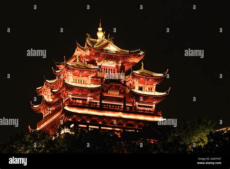 Hangzhou God Sky Temple Night Illuminated Historic Architecture Stock