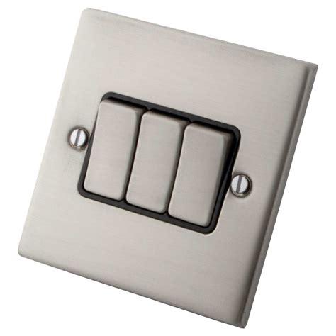 M2 10a 3 Gang 2 Way Light Switch Metal Black Insert Brushed Stainless
