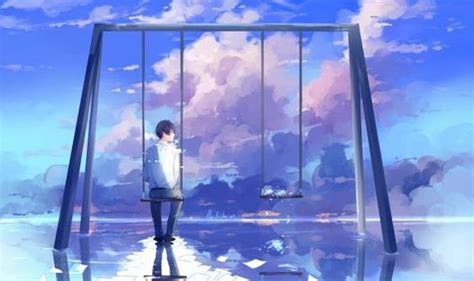 Miss You Guy Swings Clouds Dreamy Watercolor Anime Waiting Hd
