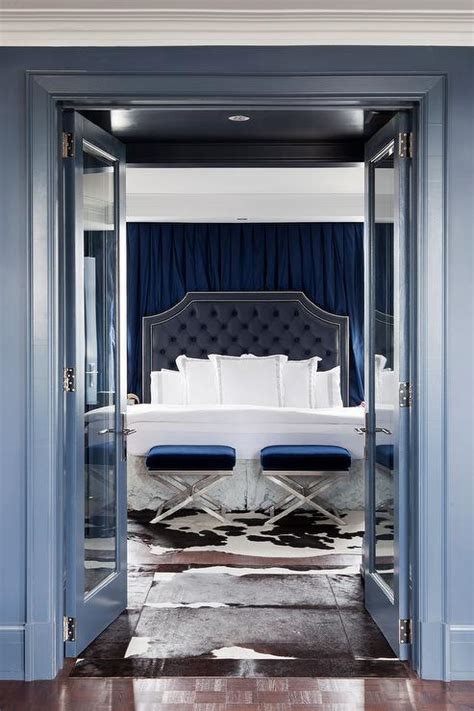 blue bedroom  blue velvet  stools  foot  bed