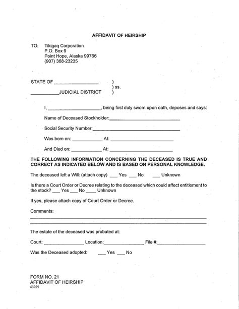 Free Alaska Affidavit Of Heirship Form Pdf Kb Page S
