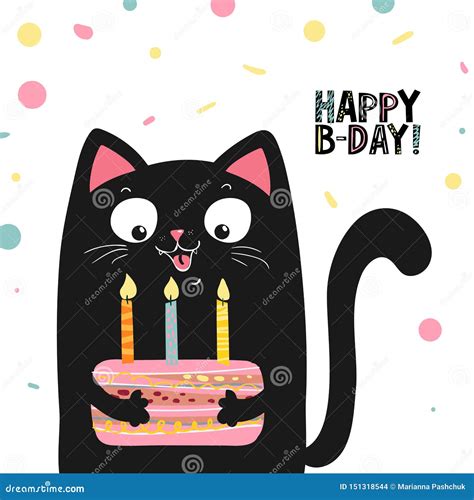 Happy Black Cat With Cake And Lettering Happy Birthday Vector