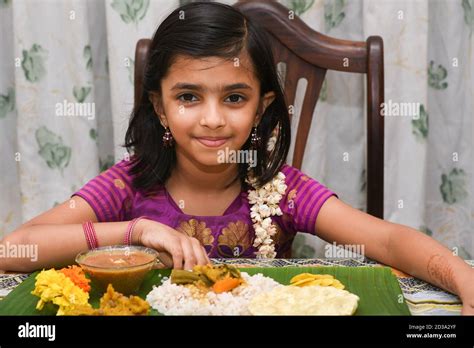 Kerala Onam Festival Happy Indian Girl Child Eating Onam Sadhya With