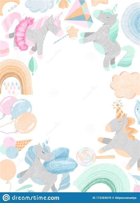 Frame Card Template With Unicorns Crystals Clouds And Other Magic
