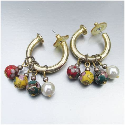 S Vintage Interchangeable Cloisonne Bead Dangle Hoop Earrings