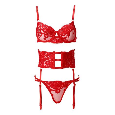 2021 New European And American Erotic Underwear Red Sexy Three Point Bra Thong Garter Three