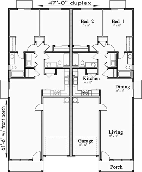 Main Floor Plan For D 611 Narrow One Story Duplex House Plans D 611