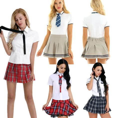 Sexy Womens Schoolgirl Cosplay Sleepwear Plaid Mini Pleated Short