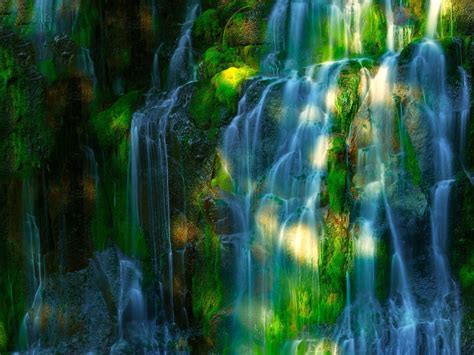 Waterfalls From Algae Covered Rock With Sunlight Nature Hd Desktop
