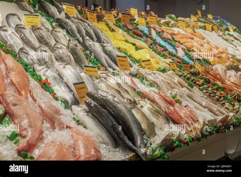 Fresh Fish On Ice At A Fishmongers Counter In The Fish Market In Leeds