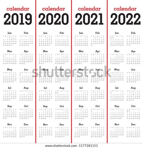 Year 2019 2020 2021 2022 Calendar Stock Vector Royalty Free 1177281151