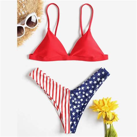 Buy Womens Sexy Bikini Set American Flag Print Sling Thong Swimsuit Beachwear