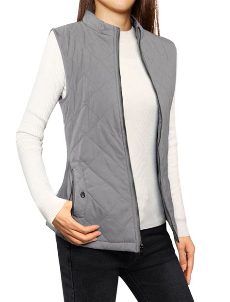 Women S Zip Up Front Stand Collar Lightweight Quilted Padded Vest Gray