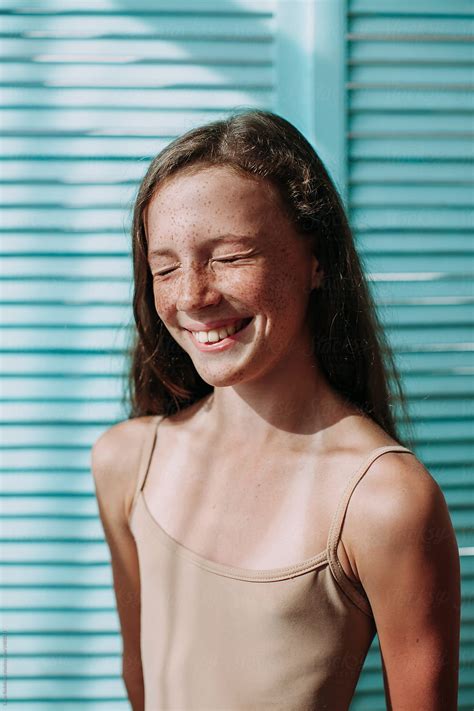 Girl Laughing With Closed Eyes With Freckles And Bright Personality By Liliya Rodnikova