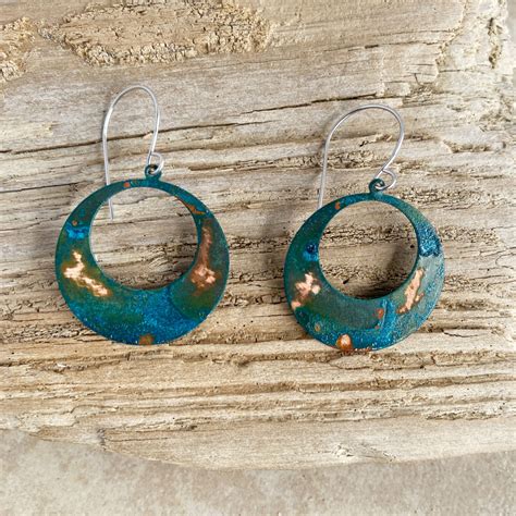 Blue Green Rustic Copper Patina Hoop Verdigris Earrings Basket Of Blue