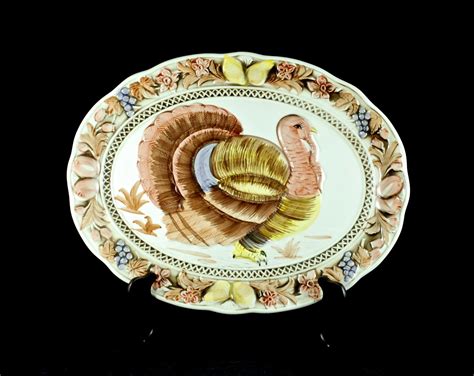 Vintage Hand Painted Embossed Ceramic Turkey Platter With
