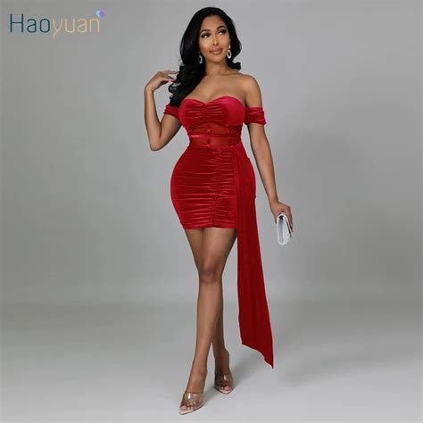 Haoyuan Mesh Sheer Off Shoulder Mini Dress Sexy Birthday Party Wear