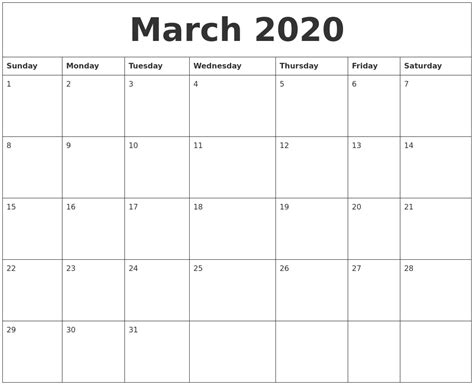 March 2020 Print Monthly Calendar