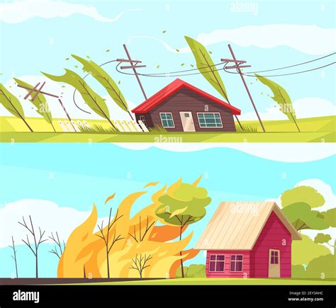 Set Of Two Horizontal Natural Disasters Banners With Living Houses