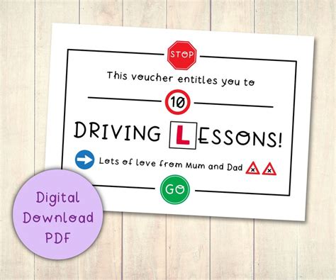 driving lessons gift voucher coupon printable digital  etsy