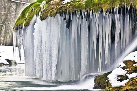 Apa care formează cascada se varsă în miniș peste un con calcaros acoperit cu mușchi, formând o perdea de apă la baza conului. Cascada Bigar - Cascada Bigăr