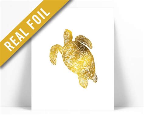 Sea Turtle Art Print Real Gold Foil Print Nautical Wall Etsy Gold