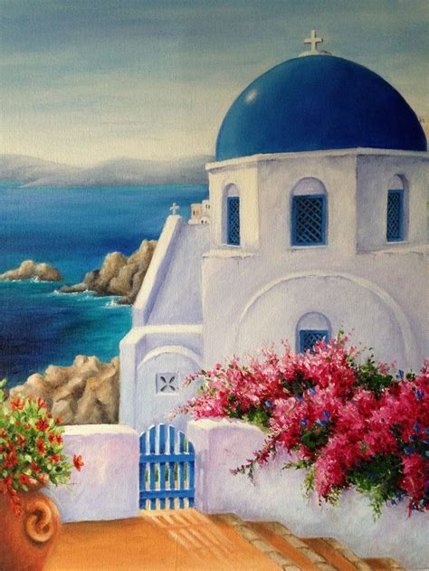 Watercolor Painting Santorini Greecegreece Painting Santorini