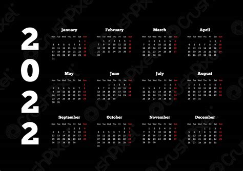 Calendar On 2022 Year With Week Starting From Monday A4 Stock Vector