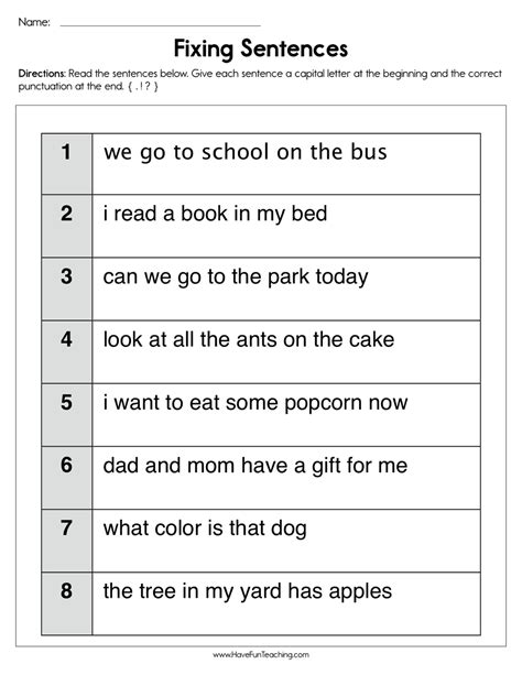 Free Fix The Sentence Worksheets