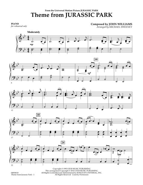 Theme From Jurassic Park Piano Sheet Music Michael Sweeney