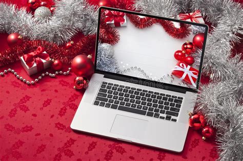 Digital devices with gift ribbons and bow. Computer Laptop Christmas Background Stock Photo - Image ...