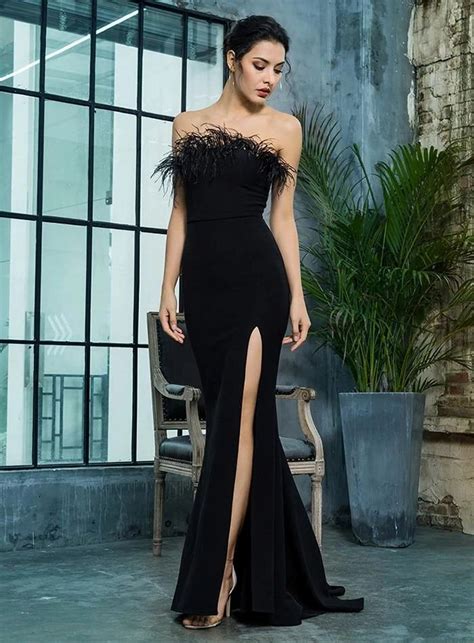 Love And Lemonade Black Strapless Cut Out Feather Long Dress Rabid