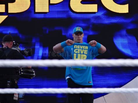 Wwe Wrestler John Cena Holds Towel Saying Never Give Up As He Enters