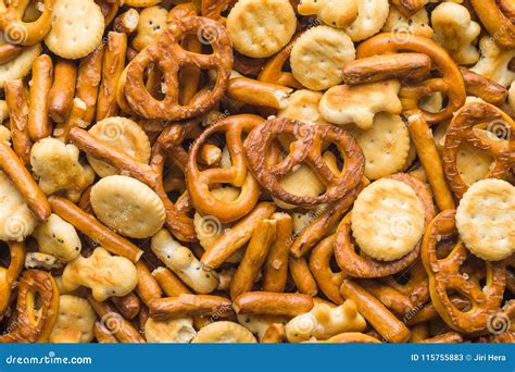 Mixed Salty Snack Crackers And Pretzels Stock Image Image Of