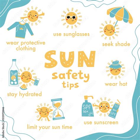 Sun Safety Tips With Sun Character For Kids Vector Hand Drawn Cartoon
