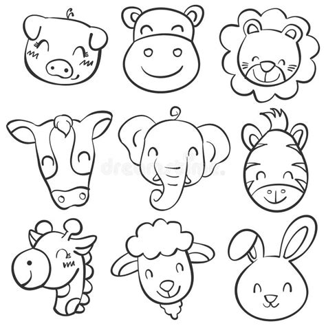 Collection Hand Draw Animal Head Doodles Stock Vector Illustration Of