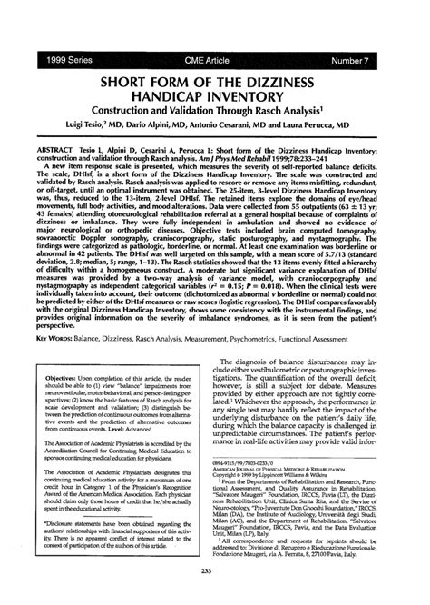 Pdf Short Form Of The Dizziness Handicap Inventory Construction And
